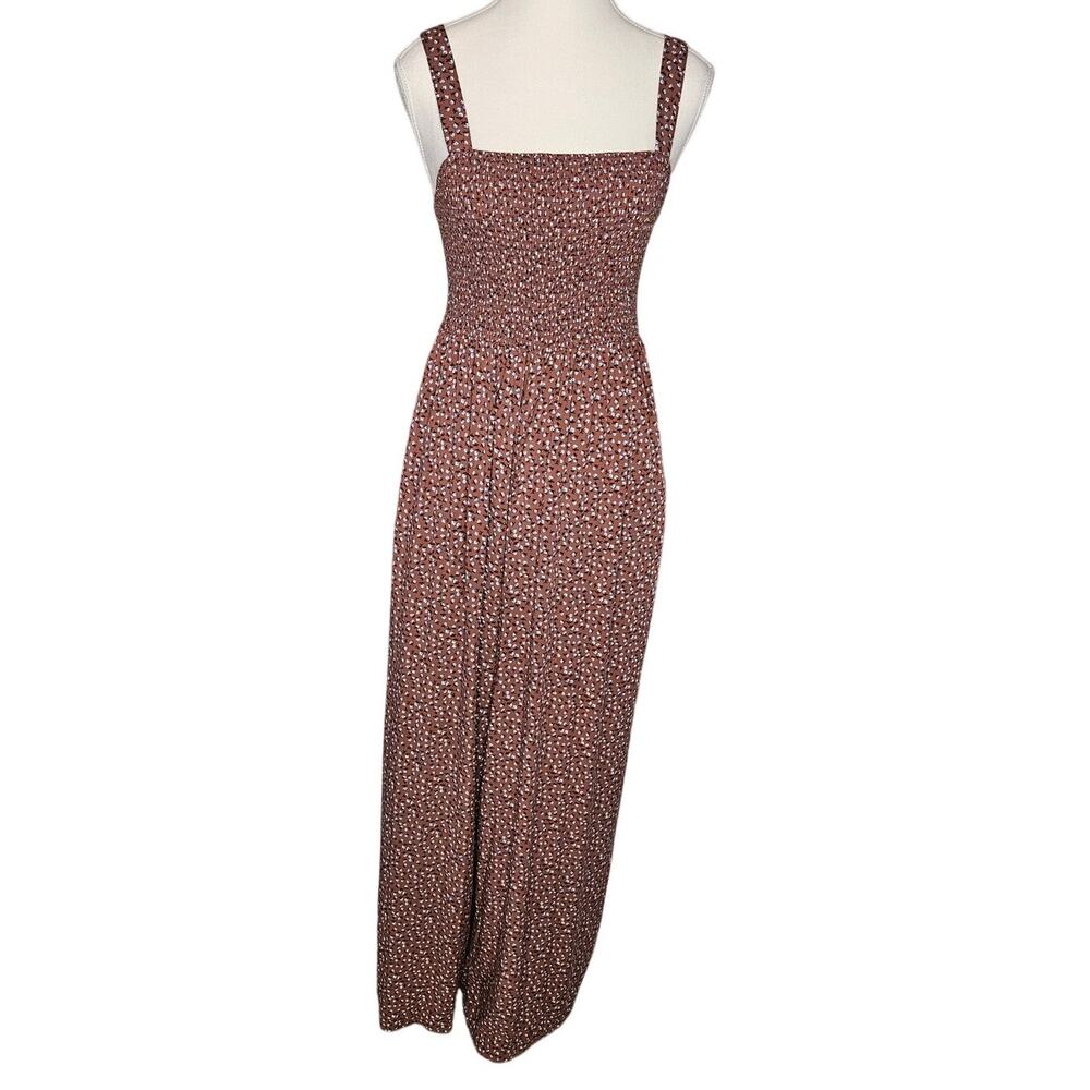 DOKOTOO -M- Smocked Jumper Jumpsuit Wide Leg Boho Pockets Brown Ditsy Floral